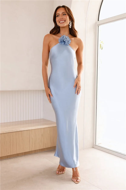 Elegant Sheath Halter Sleeveless Backless Light Blue Floor-Length Prom Dress Gown