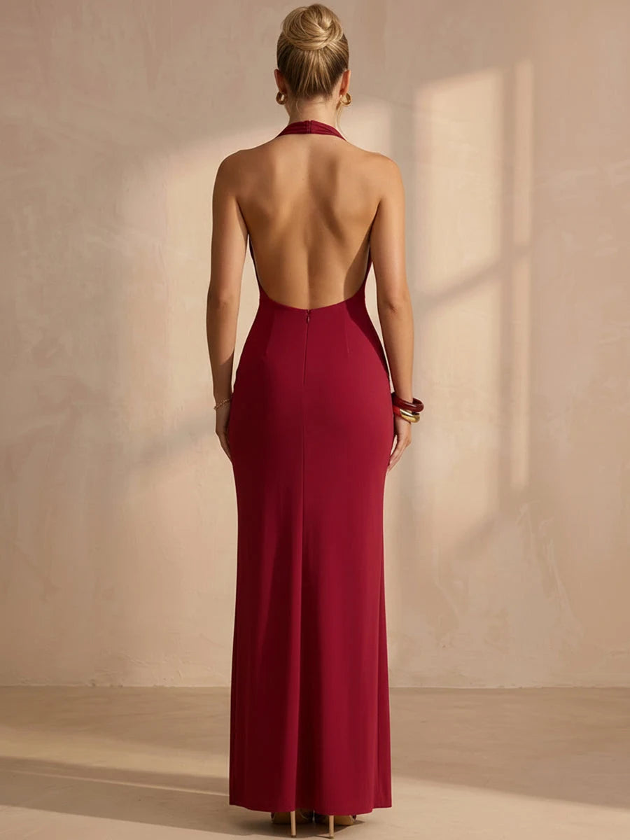 Elegant Sheath Halter Sleeveless Backless Slit Burgundy Maxi Prom Dresses Womens
