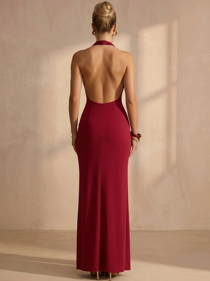 Elegant Sheath Halter Sleeveless Backless Slit Burgundy Maxi Prom Dresses Womens