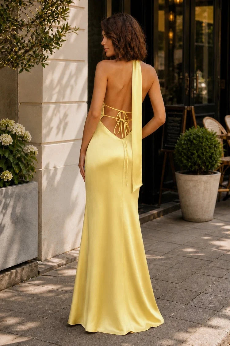 Elegant Sheath Halter Sleeveless Backless Yellow Long Homecoming Dress Women's Gown