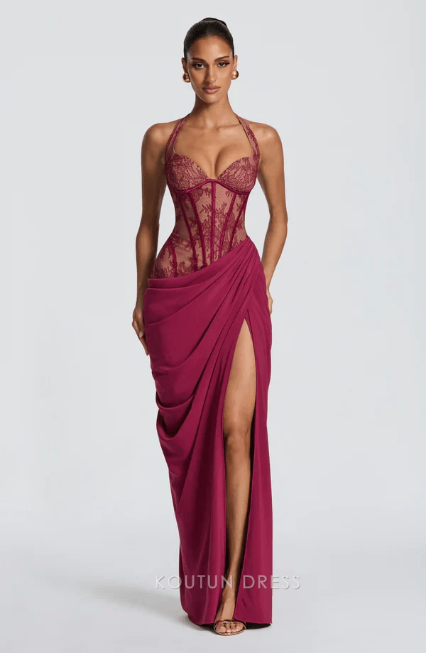 Elegant Sheath Halter Sleeveless Corset Draped Mulberry Floor-Length Prom Dresses Women's Gown