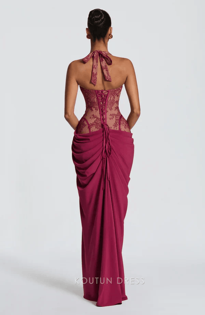Elegant Sheath Halter Sleeveless Corset Draped Mulberry Floor-Length Prom Dresses Women's Gown