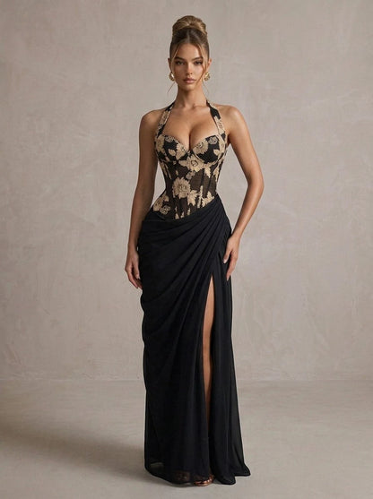 Elegant Sheath Halter Sleeveless Corset Slit Black Maxi Prom Dresses Women Gown