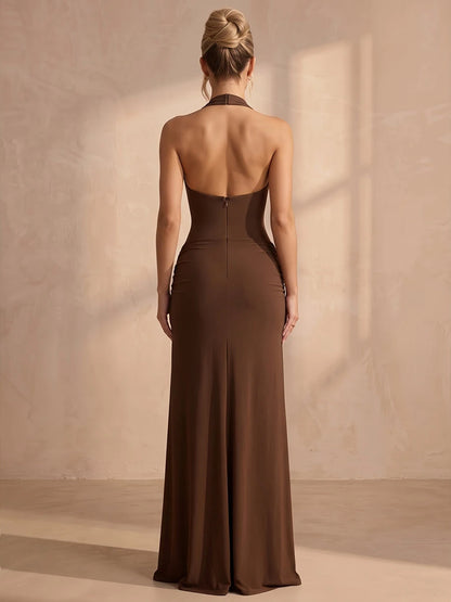 Elegant Sheath Halter Sleeveless Cowl Slit Brown Maxi Prom Dresses Women Gown
