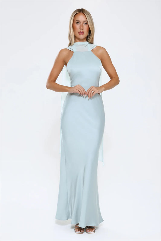 Elegant Sheath Halter Sleeveless Cutout Backless Dusty Blue Floor-Length Prom Dress