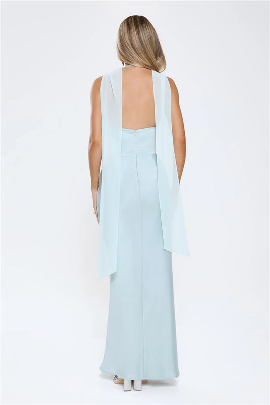 Elegant Sheath Halter Sleeveless Cutout Backless Dusty Blue Floor-Length Prom Dress