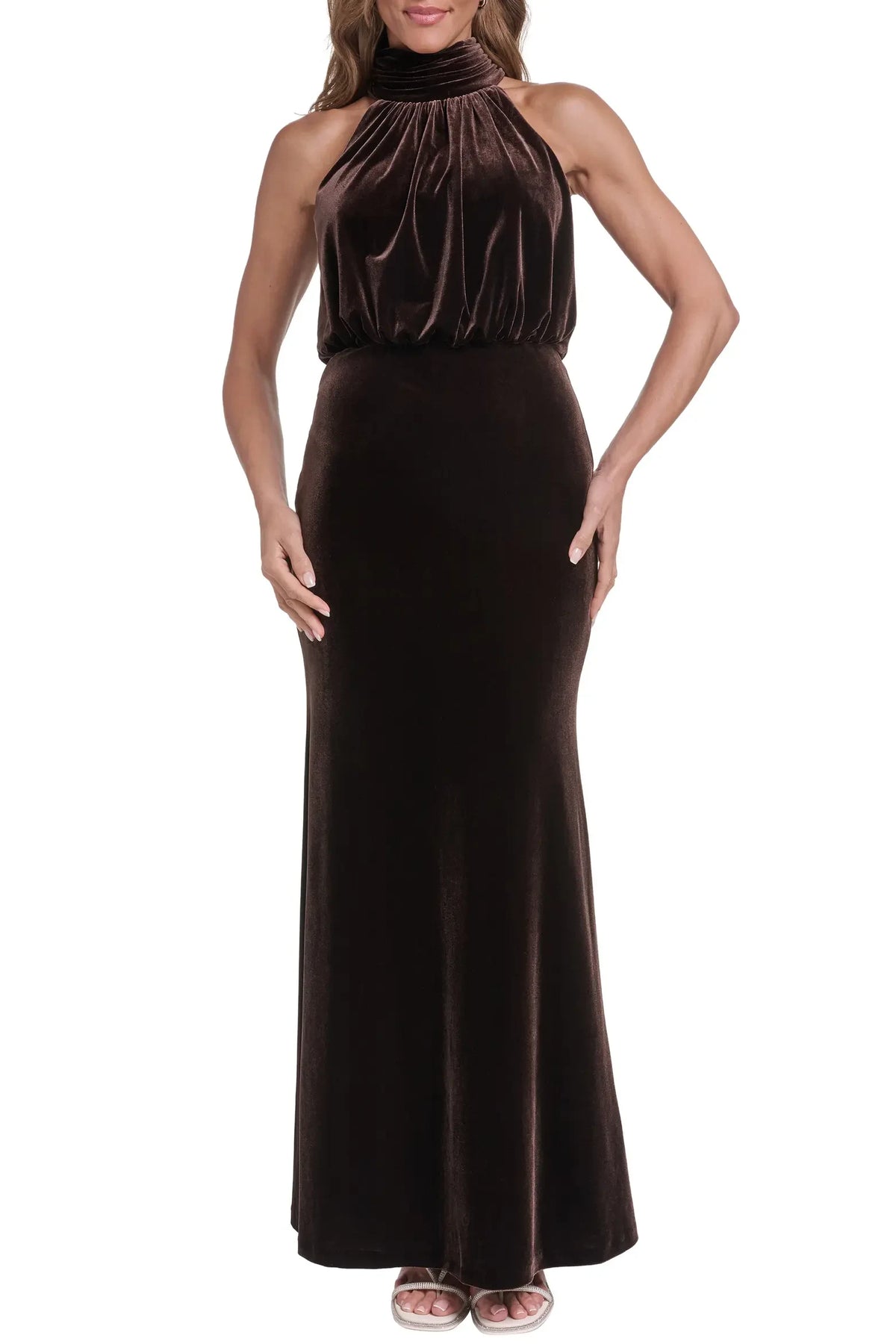 Elegant Sheath Halter Sleeveless Draped Chic Brown Floor-Length Mother of the Bride Gown