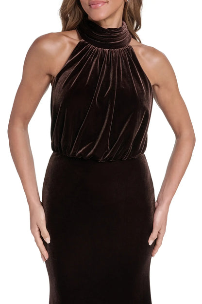 Elegant Sheath Halter Sleeveless Draped Chic Brown Floor-Length Mother of the Bride Gown