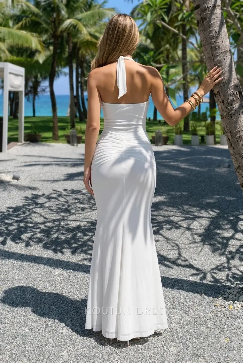 Elegant Sheath Halter Sleeveless Draped Ruched White Floor-Length Prom Dress Women's Gown