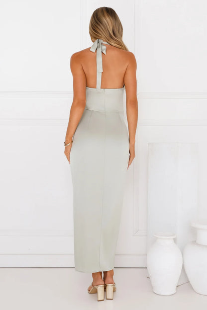 Elegant Sheath Halter Sleeveless Draped Slit Sage Green Midi Prom Dress Women's