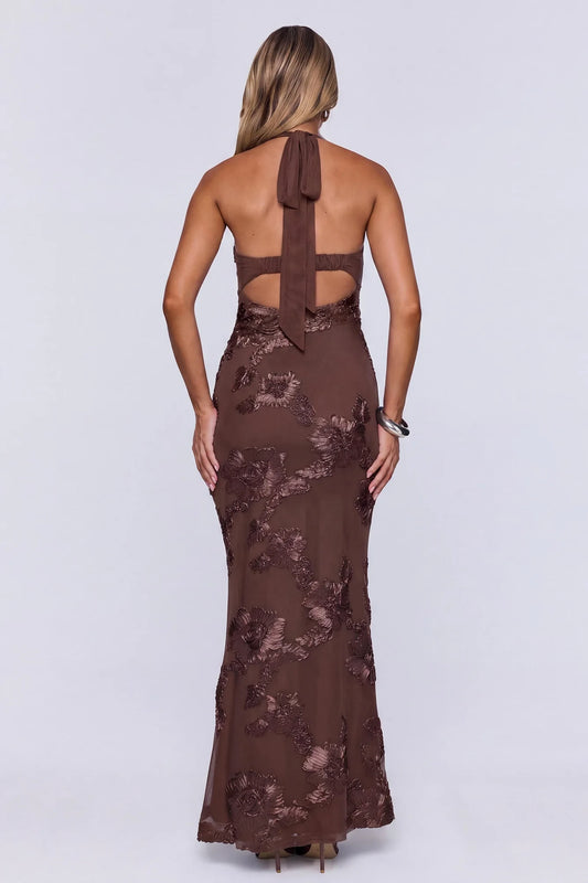 Elegant Sheath Halter Sleeveless Floral Brown Floor-Length Prom Dress