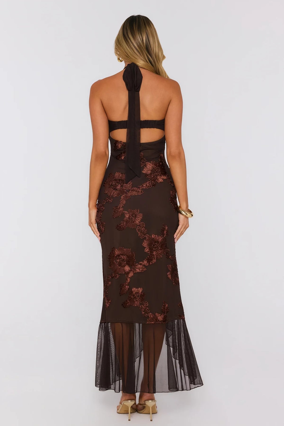 Elegant Sheath Halter Sleeveless Floral Slit Brown Maxi Evening Dresses Women Gown