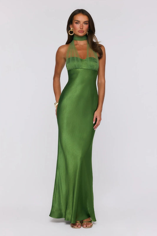 Elegant Sheath Halter Sleeveless Glamorous Olive Green Floor-Length Prom Dress