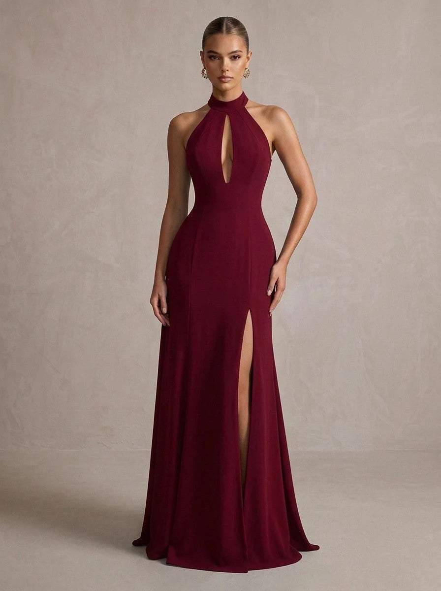 Elegant Sheath Halter Sleeveless Keyhole Slit Burgundy Long Prom Dresses Women Gown