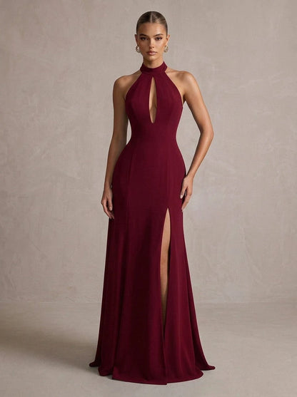 Elegant Sheath Halter Sleeveless Keyhole Slit Burgundy Long Prom Dresses Women Gown