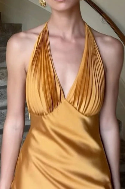 Elegant Sheath Halter Sleeveless Pleated Draped Gold Maxi Prom Dresses Women