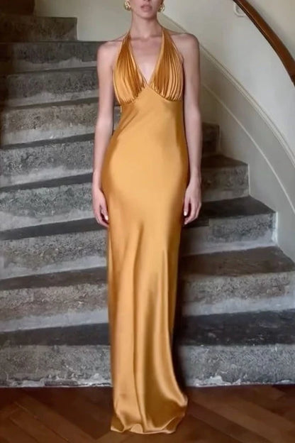 Elegant Sheath Halter Sleeveless Pleated Draped Gold Maxi Prom Dresses Women
