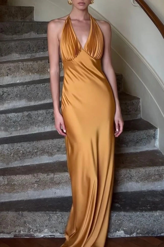 Elegant Sheath Halter Sleeveless Pleated Draped Gold Maxi Prom Dresses Women