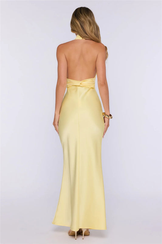Elegant Sheath Halter Sleeveless Plunge Keyhole Yellow Floor-Length Prom Dress