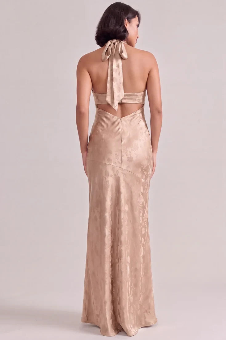 Elegant Sheath Halter Sleeveless Twisted Open Back Gold Champagne Floor-Length Prom Gown