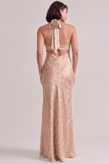 Elegant Sheath Halter Sleeveless Twisted Open Back Gold Champagne Floor-Length Prom Gown