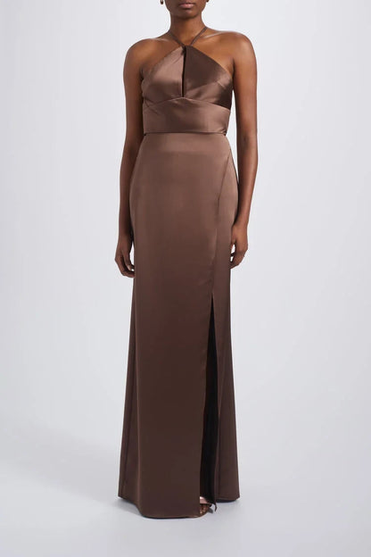 Elegant Sheath Halter Sleeveless Twisted Slit Chocolate Floor-Length Bridesmaid Dress Women's Gown