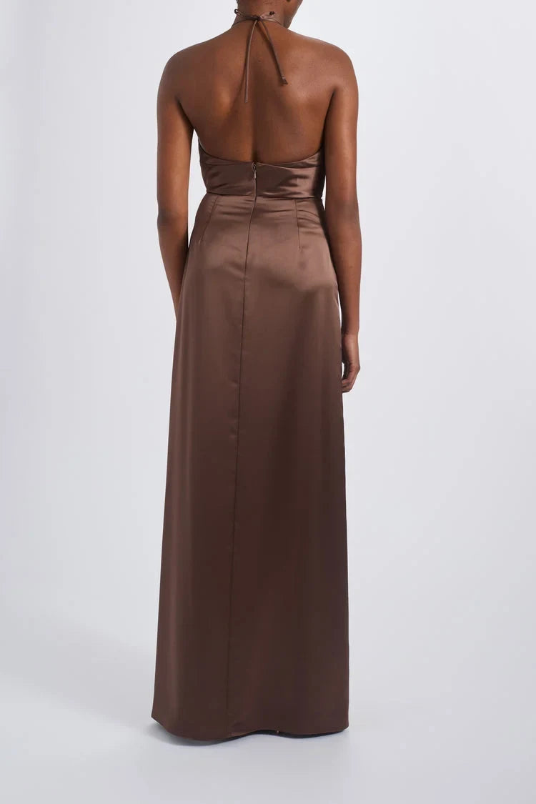 Elegant Sheath Halter Sleeveless Twisted Slit Chocolate Floor-Length Bridesmaid Dress Women's Gown