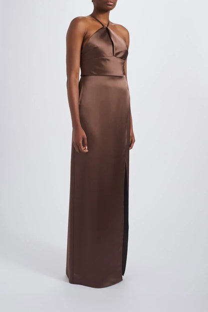 Elegant Sheath Halter Sleeveless Twisted Slit Chocolate Floor-Length Bridesmaid Dress Women's Gown