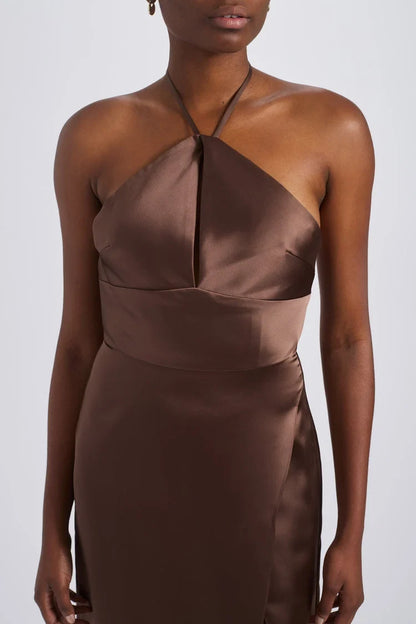 Elegant Sheath Halter Sleeveless Twisted Slit Chocolate Floor-Length Bridesmaid Dress Women's Gown