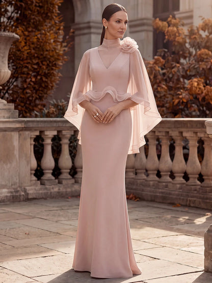 Elegant Sheath High-Neck Cape-Sleeve Ruffle-Peplum Pink Maxi Prom Dresses Women Gown