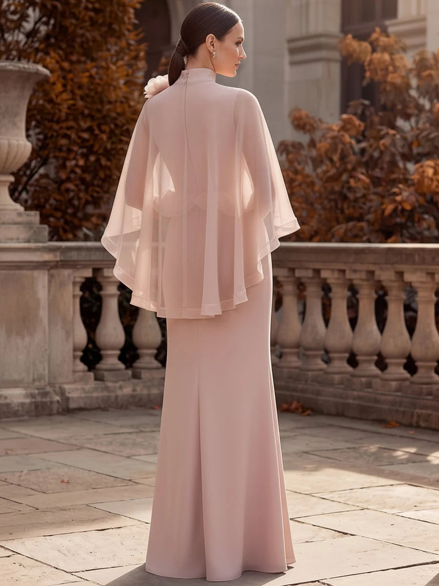 Elegant Sheath High-Neck Cape-Sleeve Ruffle-Peplum Pink Maxi Prom Dresses Women Gown