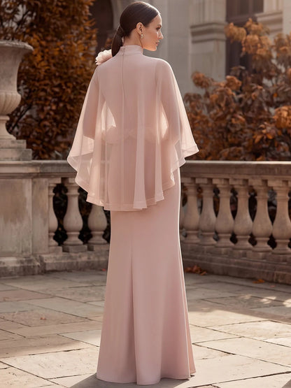 Elegant Sheath High-Neck Cape-Sleeve Ruffle-Peplum Pink Maxi Prom Dresses Women Gown