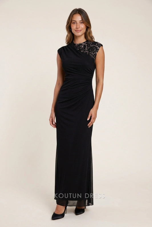 Elegant Sheath High Neck Cap Sleeve Ruched Lace Black Floor-Length Prom Dresses