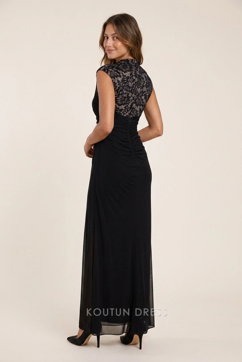 Elegant Sheath High Neck Cap Sleeve Ruched Lace Black Floor-Length Prom Dresses