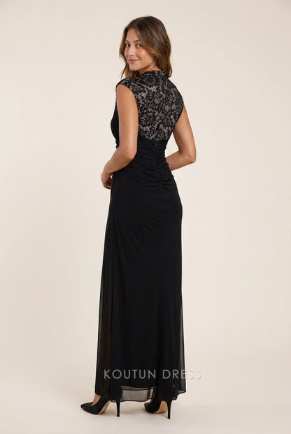 Elegant Sheath High Neck Cap Sleeve Ruched Lace Black Floor-Length Prom Dresses