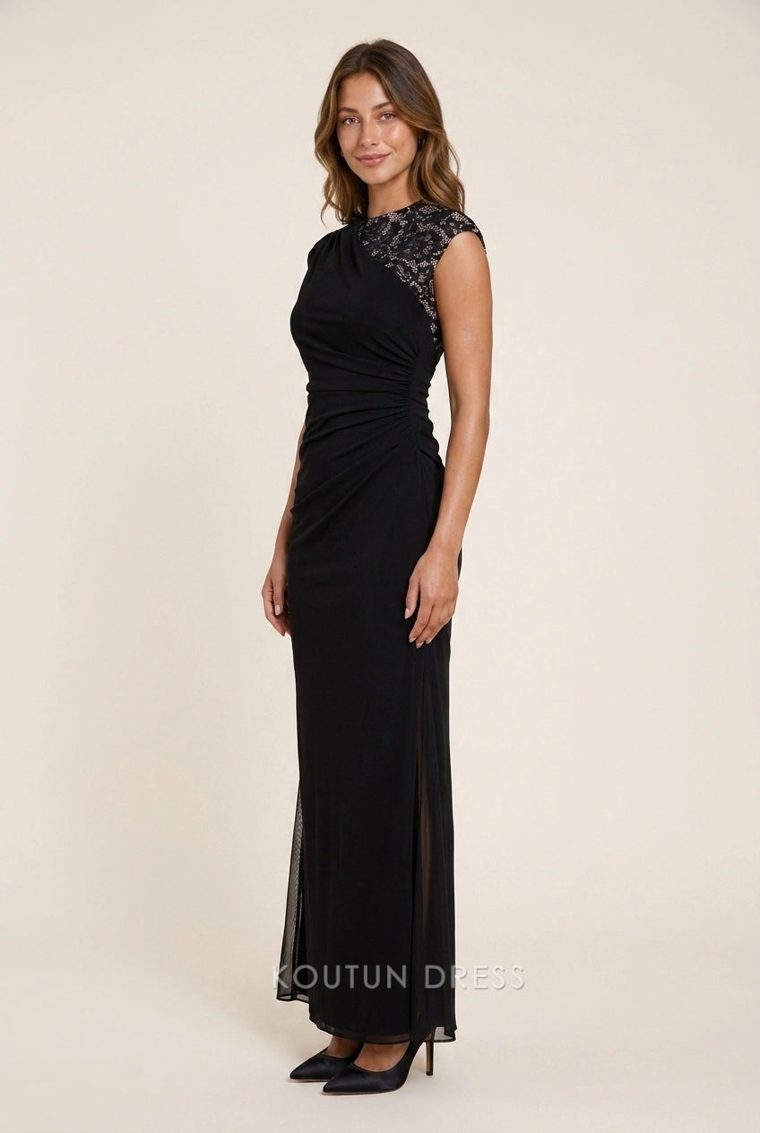 Elegant Sheath High Neck Cap Sleeve Ruched Lace Black Floor-Length Prom Dresses