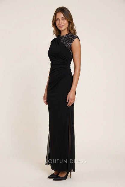 Elegant Sheath High Neck Cap Sleeve Ruched Lace Black Floor-Length Prom Dresses
