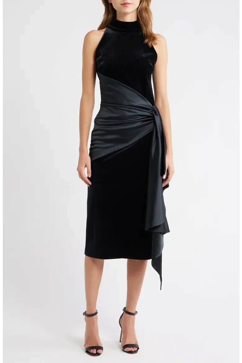 Elegant Sheath High Neck Sleeveless Draped Asymmetrical Black Midi Evening Dress for Women