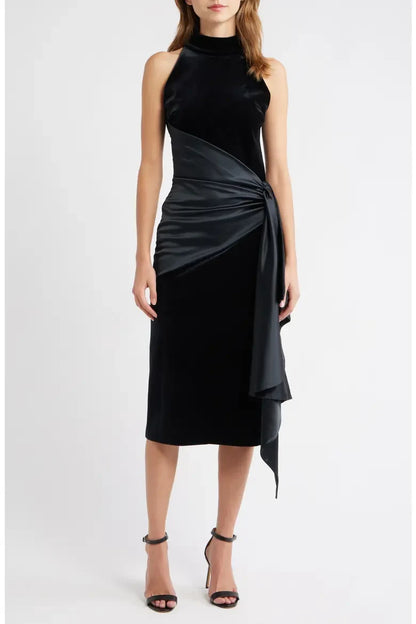 Elegant Sheath High Neck Sleeveless Draped Asymmetrical Black Midi Evening Dress for Women