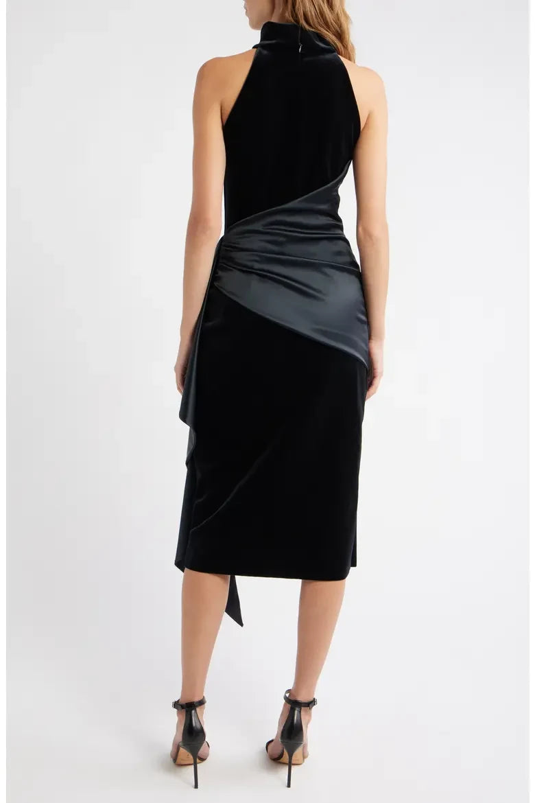 Elegant Sheath High Neck Sleeveless Draped Asymmetrical Black Midi Evening Dress for Women