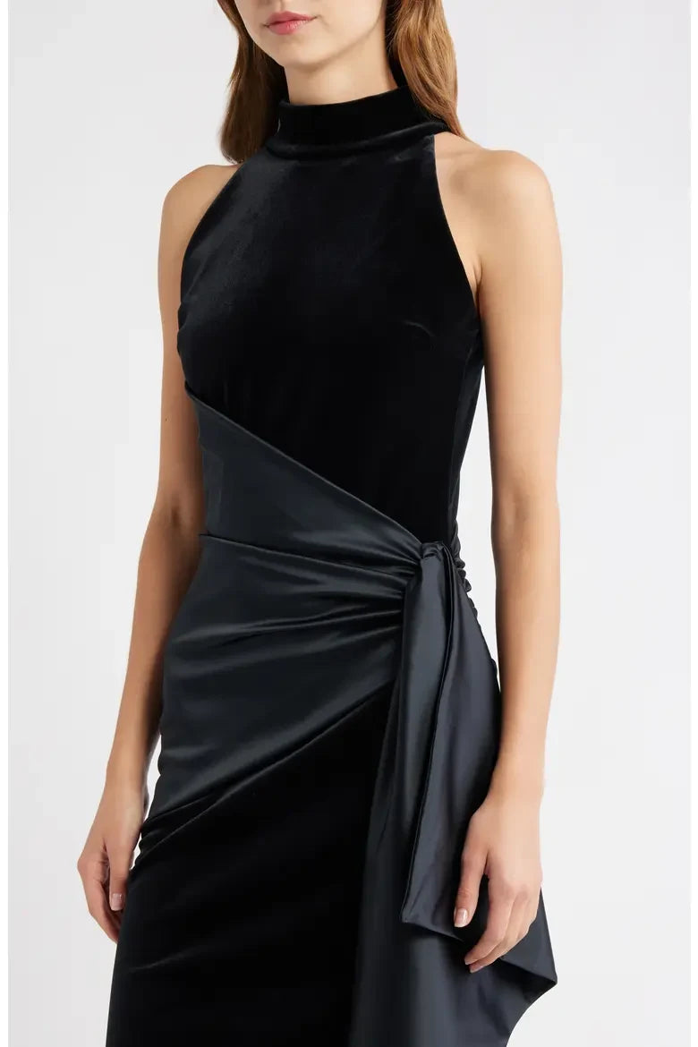 Elegant Sheath High Neck Sleeveless Draped Asymmetrical Black Midi Evening Dress for Women