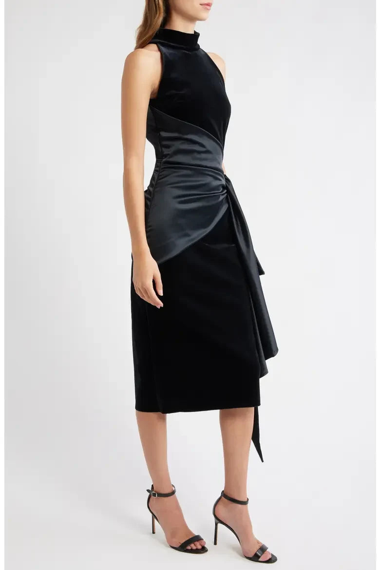 Elegant Sheath High Neck Sleeveless Draped Asymmetrical Black Midi Evening Dress for Women