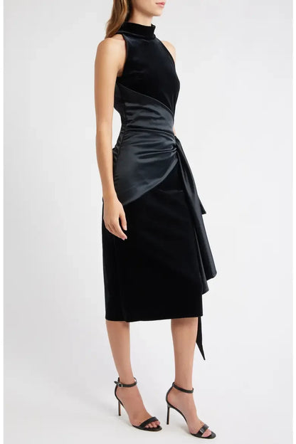 Elegant Sheath High Neck Sleeveless Draped Asymmetrical Black Midi Evening Dress for Women