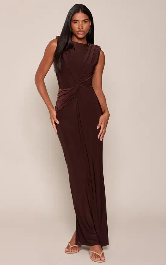 Elegant Sheath High Neck Sleeveless Ruched Draped Brown Maxi Evening Dresses Women