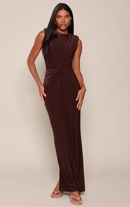Elegant Sheath High Neck Sleeveless Ruched Draped Brown Maxi Evening Dresses Women