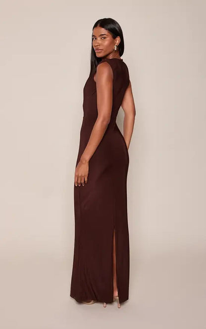 Elegant Sheath High Neck Sleeveless Ruched Draped Brown Maxi Evening Dresses Women