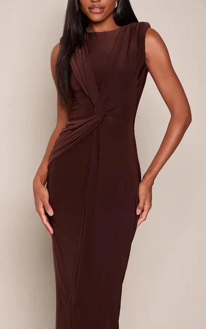 Elegant Sheath High Neck Sleeveless Ruched Draped Brown Maxi Evening Dresses Women