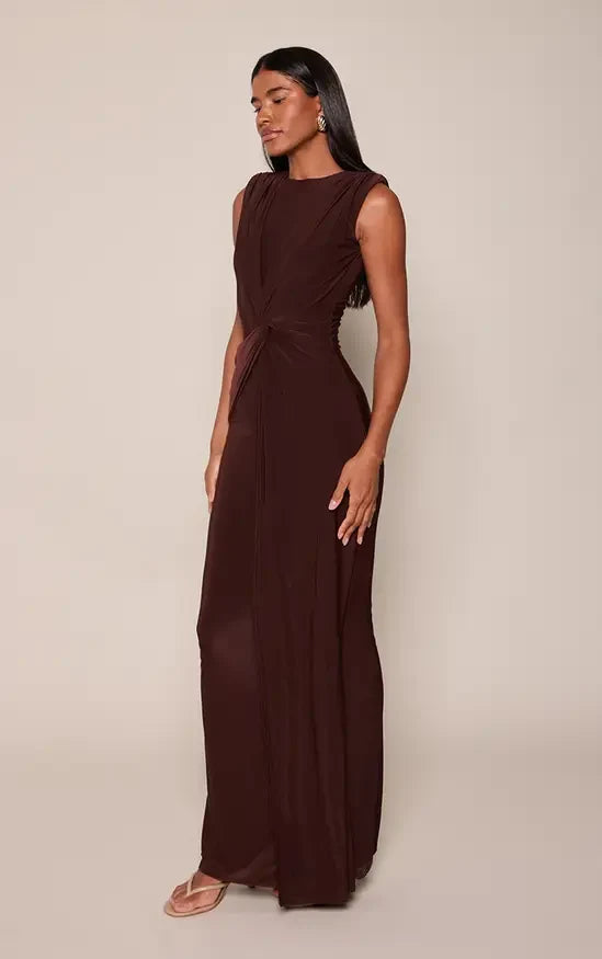 Elegant Sheath High Neck Sleeveless Ruched Draped Brown Maxi Evening Dresses Women