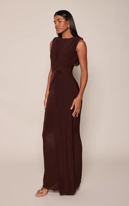Elegant Sheath High Neck Sleeveless Ruched Draped Brown Maxi Evening Dresses Women