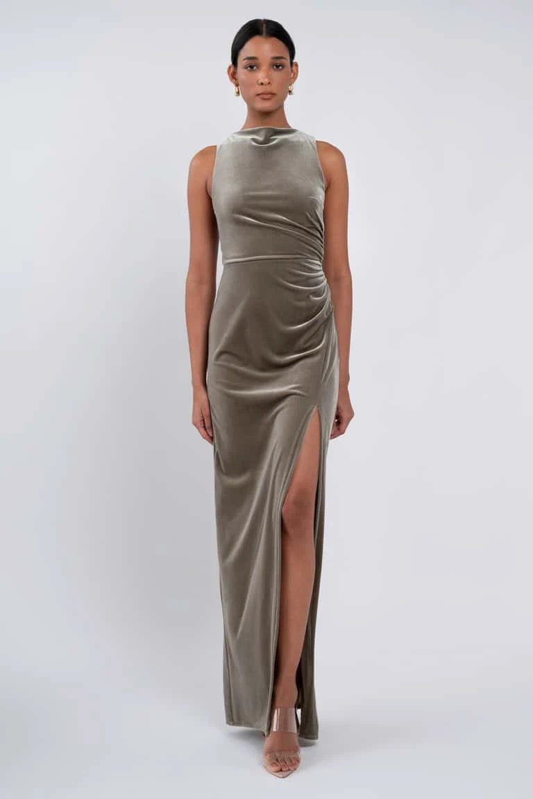 Elegant Sheath High Neck Sleeveless Ruched Slit Sage Green Floor-Length Bridesmaid Gown